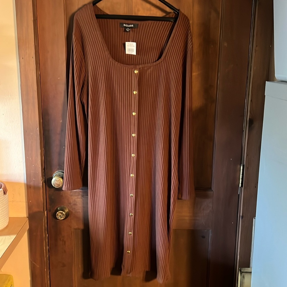 3X ROUGE COLLECTION FAUX BUTTON UP RIBBED BROWN POPOVER DRESS NWT